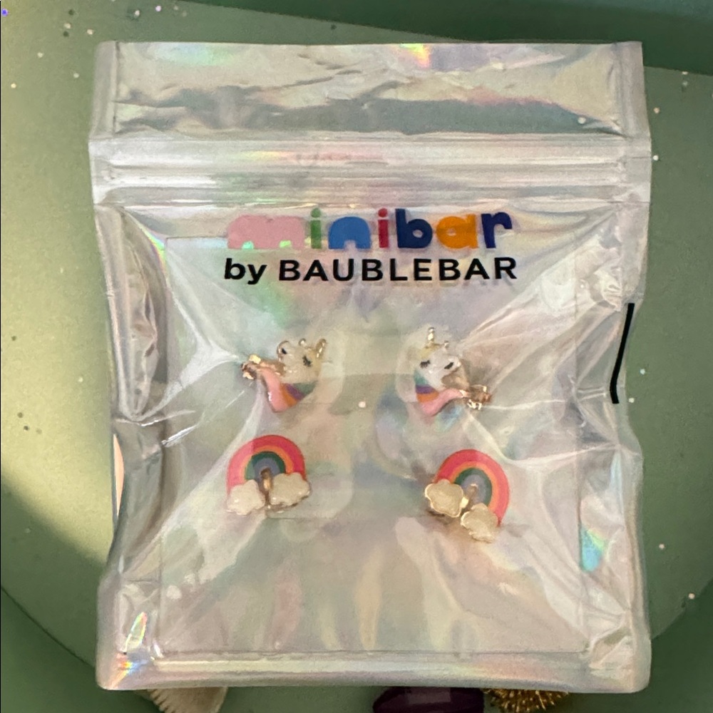 BaubleBar clip on unicorn and rainbow earrings